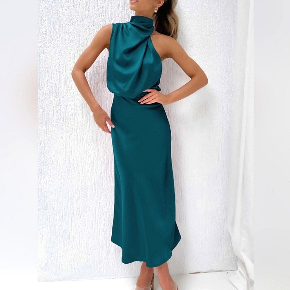 NEW Chic Draped Wrap Halter Neck Satin Midi Dress Teal Blue - Picture 6 of 9
